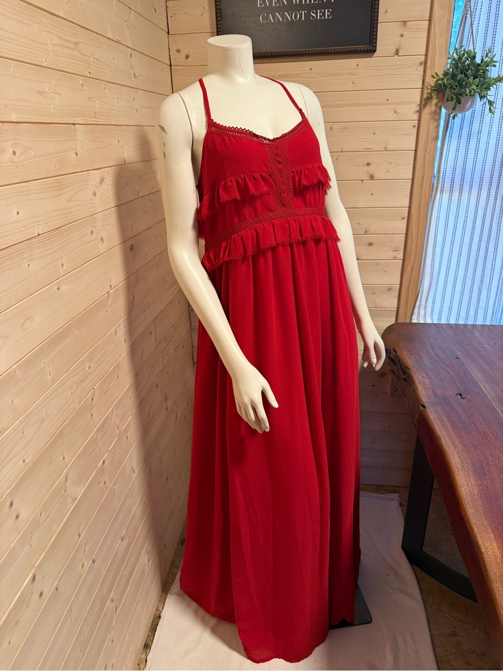 Red Ruffle Maxi Dress - Sleeveless Spaghetti Strap